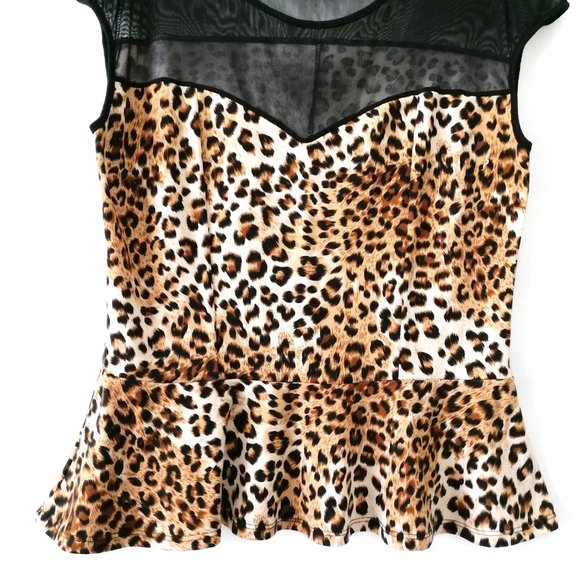 Iris Design Beige Round Neck Short Sleeve Leopard Print Blouse Top Size 2XL - Picture 3 of 6